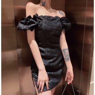 Puff-sleeve Off-shoulder Side-slit Mini A-line Dress