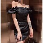 Puff-sleeve Off-shoulder Side-slit Mini A-line Dress