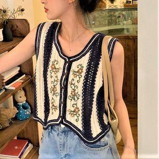 Button-up Embroidered Knit Tank Top As Shown In Figure - One Size