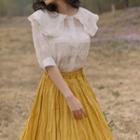 Set: Lace Trim Elbow-sleeve Blouse + High Waist Midi A-line Skirt