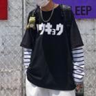 Long-sleeve Mock Two-piece Japanese Print T-shirt