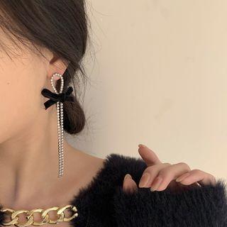 Bow Velvet Rhinestone Fringed Earring 1 Pair - Silver - One Size