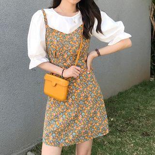 Plain Puff-sleeve Blouse / Flower Print Spaghetti Strap Mini A-line Dress