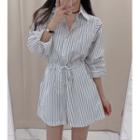 Long Sleeve Pinstripe Drawstring Playsuit As Shown In Figure - One Size