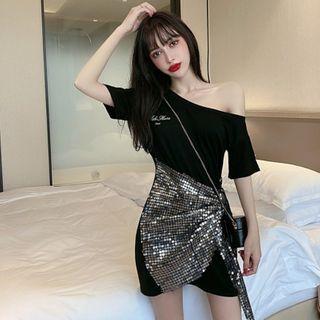 One-shoulder Sequined Mini T-shirt Dress