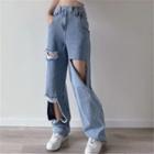 High-waist Washed Distressed Wide-leg Jeans