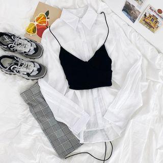 V-neck Cropped Camisole / Long-sleeve Plain Shirt