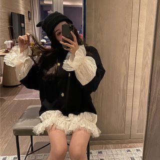 Bell-sleeve Mesh Panel Mini Pullover Dress Black - One Size