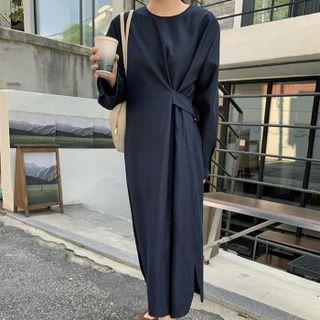 Long-sleeve Plain Maxi Dress Navy Blue - One Size