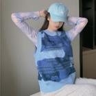 See-through Long-sleeve Top / Color-block Knit Vest