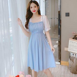 Short-sleeve Square-neck Ruched Dress