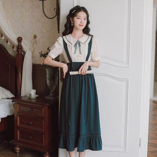 Set: Short-sleeve Blouse + Suspender A-line Dress