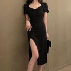 Puff-sleeve Glitter Midi A-line Dress