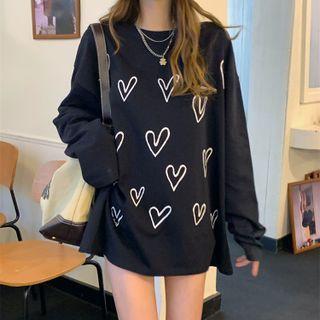Long-sleeve Heart Patterned Loose-fit T-shirt