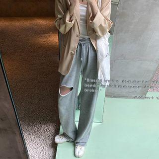 Plain Drawstring-waist Ripped Straight-cut Sweatpants