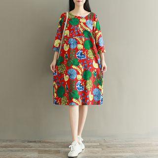 3/4-sleeve Floral Print T-shirt Dress