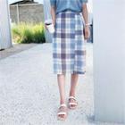 Checked Linen Blend Midi Skirt Beige - One Size