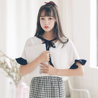 Tie-front Short-sleeve Color-block V-neck Slim Blouse