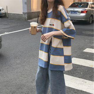 Elbow-sleeve Slit Color Panel T-shirt