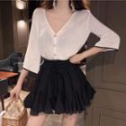 3/4-sleeve Knit Cardigan / Ruffle Hem Mini Skirt