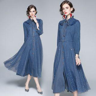 Long-sleeve Glitter Mesh Panel Denim Midi A-line Shirt Dress