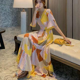 Elbow-sleeve Dotted Panel Maxi A-line Dress