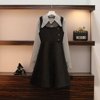 Set: Long-sleeve Plaid Shirt + Midi Pinafore Dress