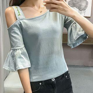 Asymmetric Cold-shoulder Elbow-sleeve T-shirt