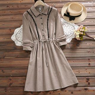 Plain Long-sleeve Gathered-waist Dress
