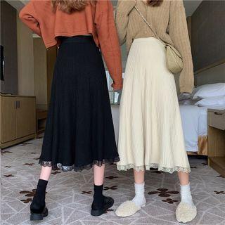 Lace Trim Midi Ribbed Knit Skirt