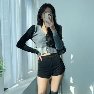 V-neck Color-block Cropped Cardigan Black & Charcoal Gray - One Size