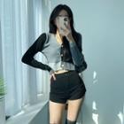 V-neck Color-block Cropped Cardigan Black & Charcoal Gray - One Size