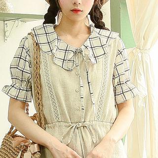 Tie-neck Capelet Plaid Blouse