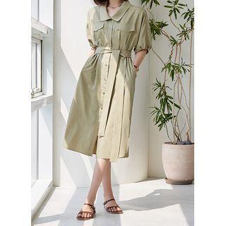 Dolman-sleeve Flap Midi Shirtdress With Sash