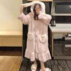 Long-sleeve Hooded Fleece Maxi Sleep Robe Pink - One Size