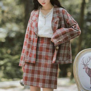 Set: Plaid Peak-lapel Blazer + Mini A-line Skirt