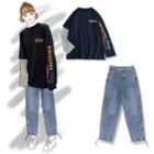 Lettering Long-sleeve T-shirt / Crop Harem Jeans
