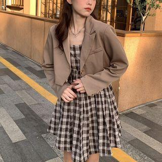 Spaghetti Strap Plaid Mini A-line Dress / Cropped One-button Blazer