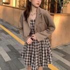 Spaghetti Strap Plaid Mini A-line Dress / Cropped One-button Blazer