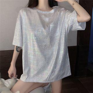 Elbow-sleeve Glitter Top As Shown In Figure - One Size