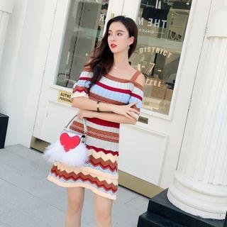 Off-shoulder Striped Short-sleeve Knitted Dress As Shown In Figure - One Size