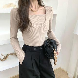 Plain Mock Two-piece Long-sleeve Slim-fit Top