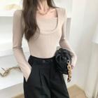 Plain Mock Two-piece Long-sleeve Slim-fit Top