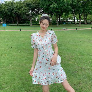 Short-sleeve Printed Mini A-line Lace Dress