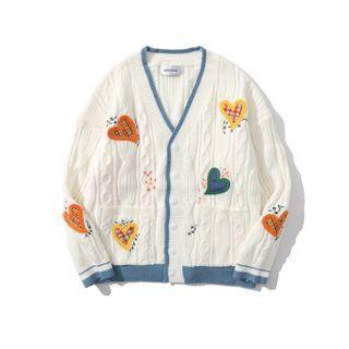 Heart Embroidered Cable-knit Cardigan