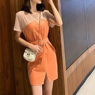 Glitter Short-sleeve T-shirt / Buttoned Jumper Shorts / Mock Two-piece Short-sleeve Dress / Set