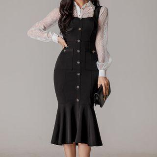 Set: Lace Shirt + Ruffle Hem Overall Dress