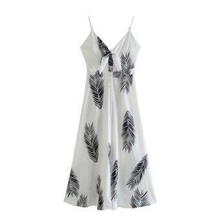 Spaghetti Strap Print Button-up Midi A-line Dress