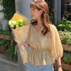 3/4-sleeve Floral Frill Trim Chiffon Top As Shown In Figure - One Size