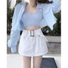 Long-sleeve Plain Cropped Shirt / Cropped Knit Camisole Top / Denim Mini Skirt